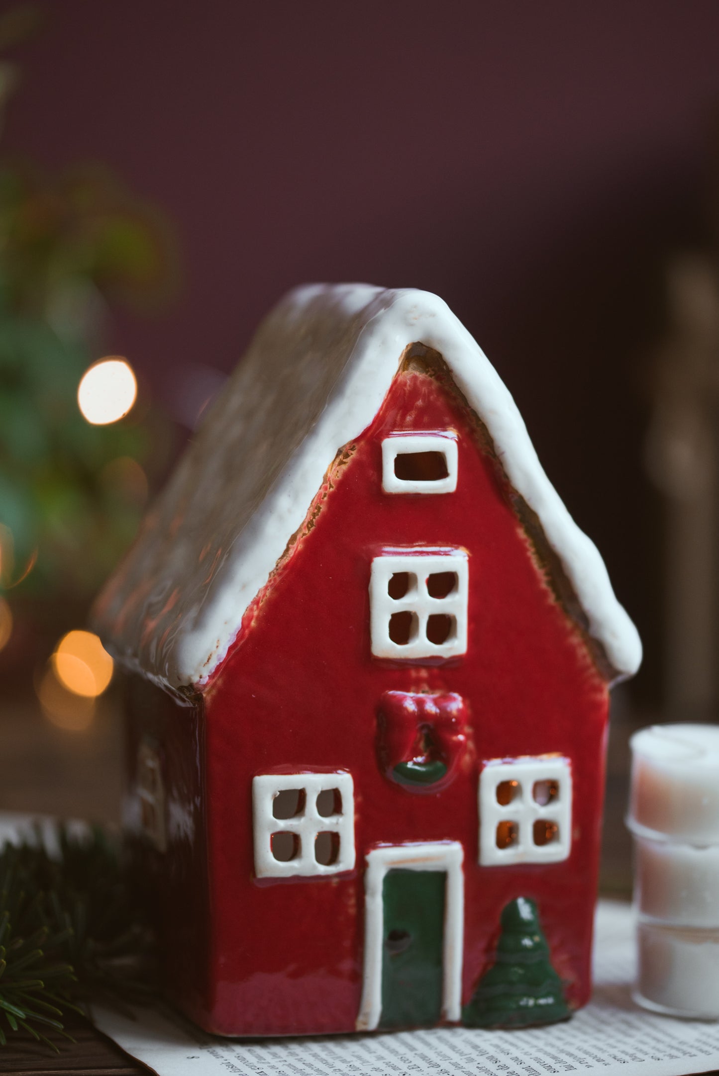 Charming Red Ceramic Christmas House Tealight Holder- Snowy Village Decoration