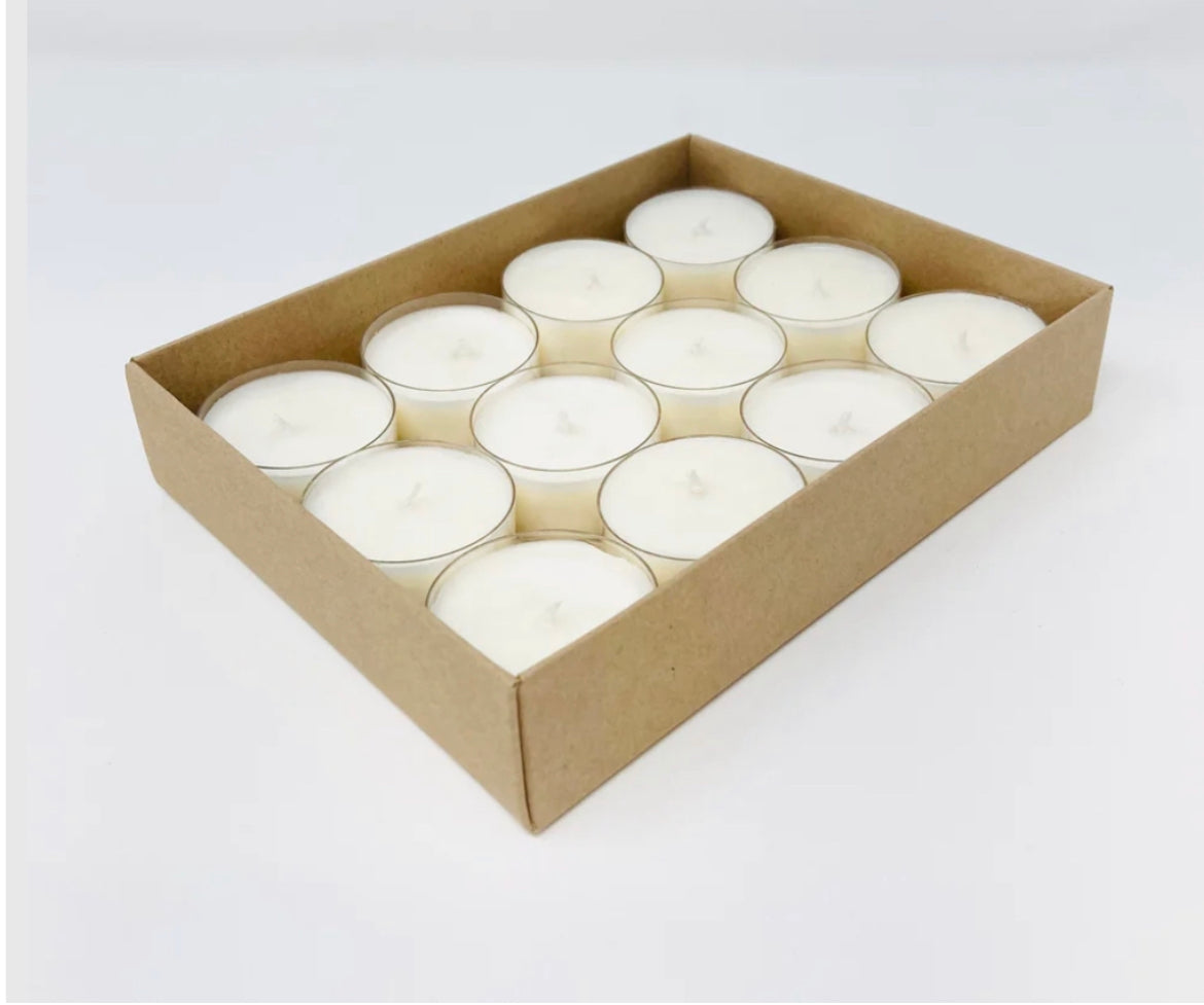 gift box of twelve individual hand poured soy wax tea lights of various fragrances.