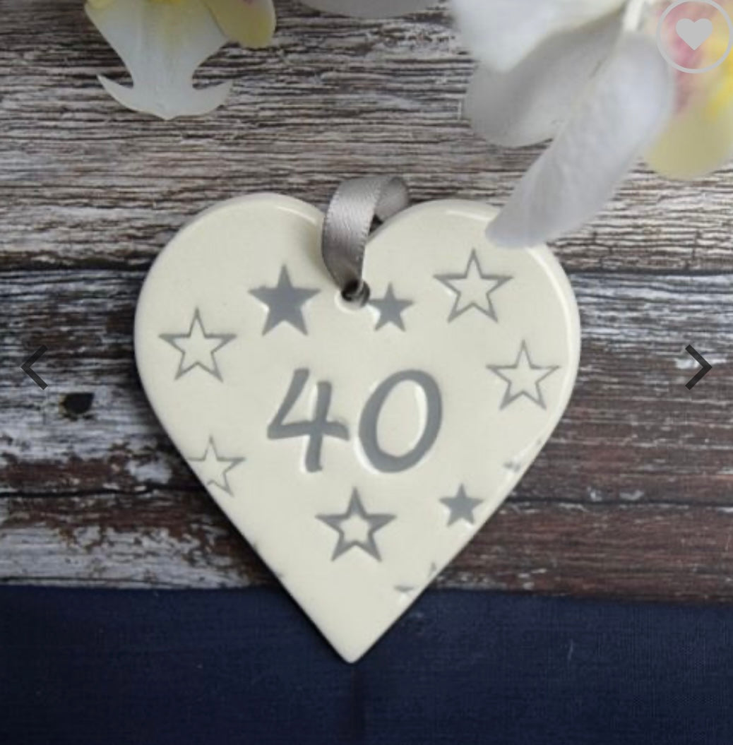 40 birthday ceramic gift tag in the shape of a heart