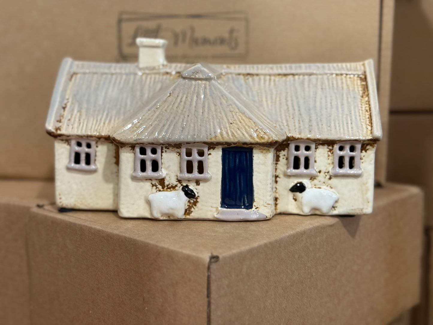 Charming Thatched Croft House Ceramic Tealight Holder with Sheep