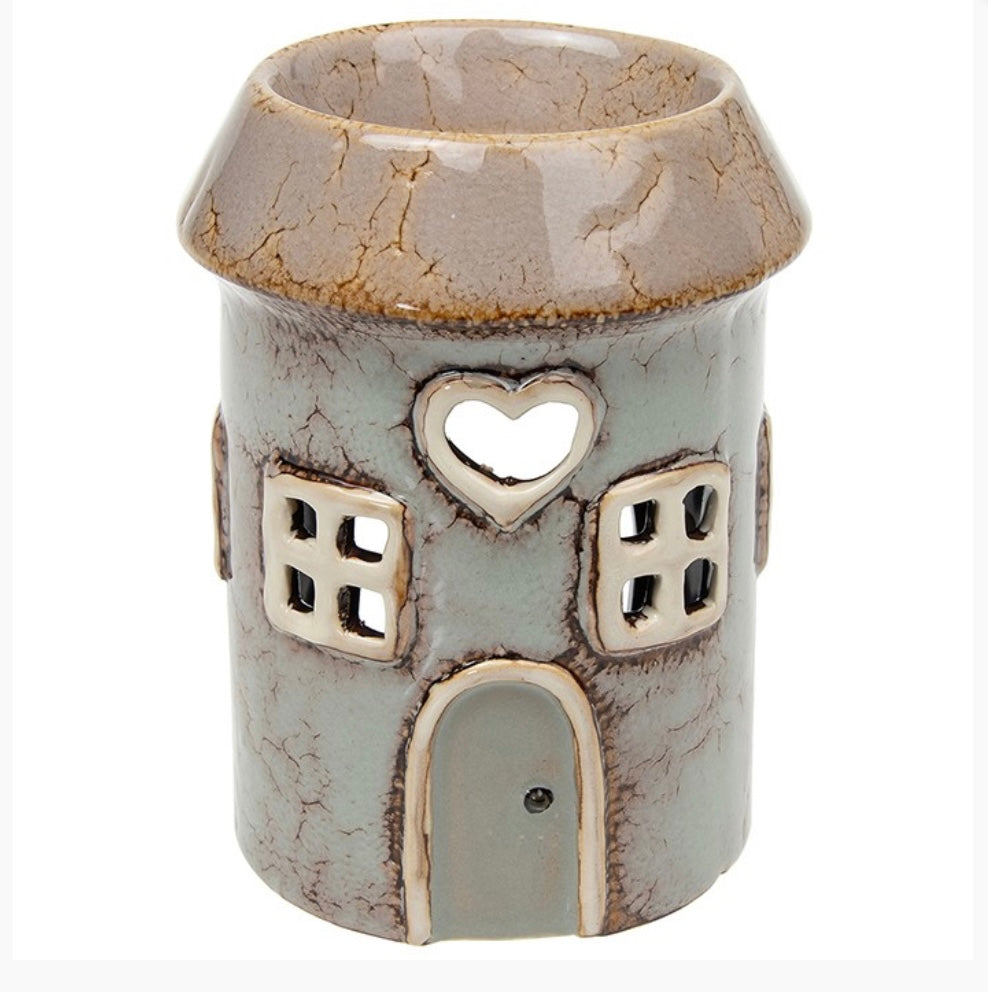 Round ceramic house wax burner with heart window and brown roof with pool for wax melt