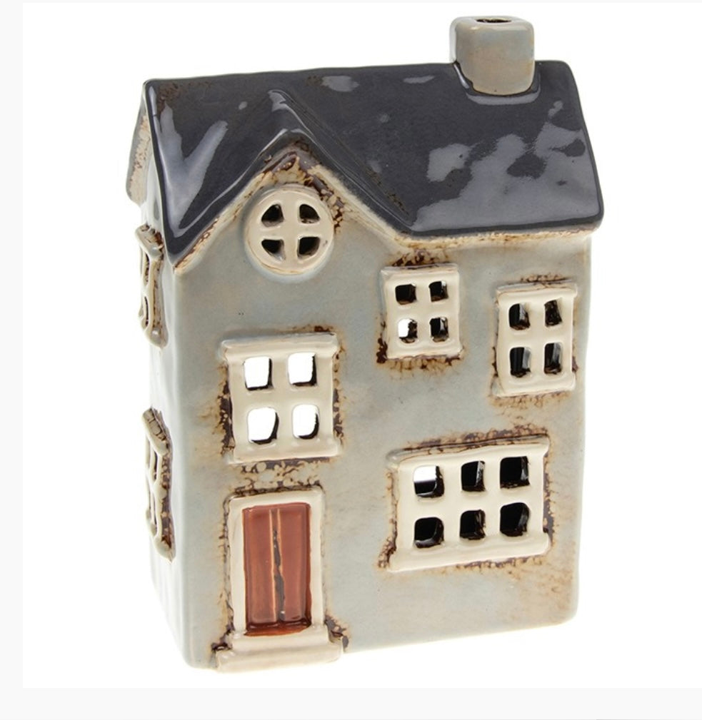 Grey ceramic round window house tealight holder with red door and black roof