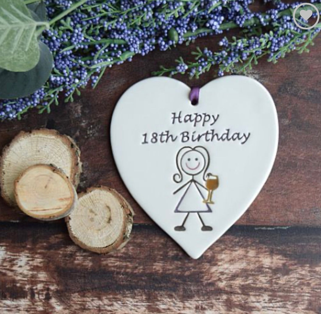 Ceramic Gift Tag with a drawing of a woman holding a glass and the text "happy 18th birthday"