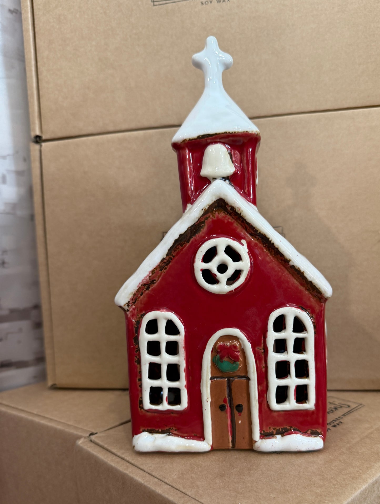 Ceramic Christmas Church Tealight Holder Hamper | Red Chapel Decor with Winter Spice Soy Wax Candles