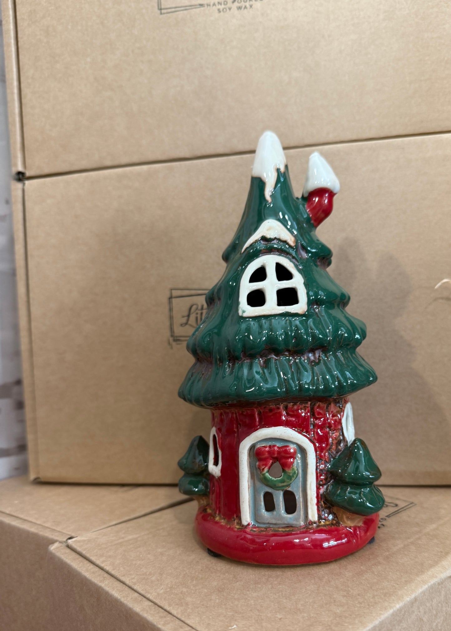 Ceramic Christmas Tree House Tealight Holder | Festive Gift Set with Winter Spice Scented Candles