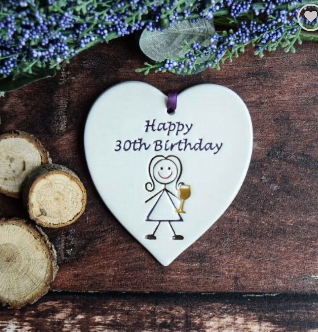 Ceramic Gift tag with the drawing of a woman holding a glass with the text "Happy 30th birthday"