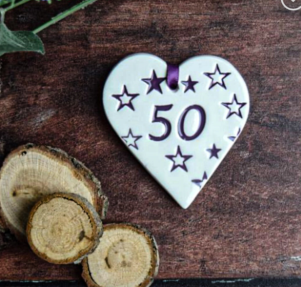 50 birthday ceramic gift tag in the shape of a heart