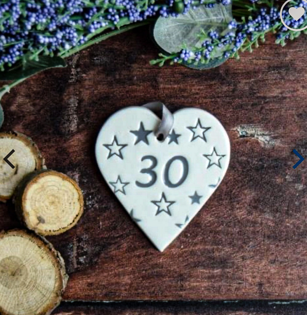 30 birthday ceramic gift tag in the shape of a heart