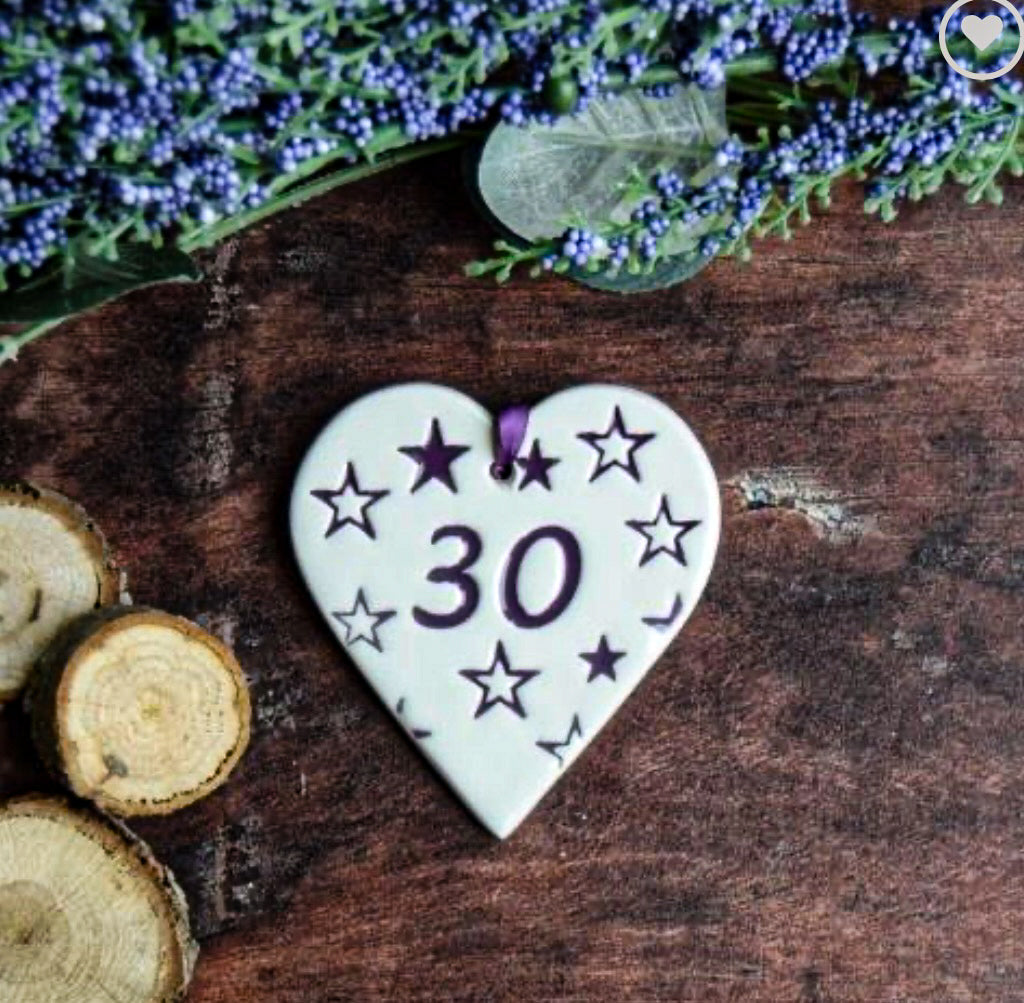 30 birthday ceramic gift tag in the shape of a heart