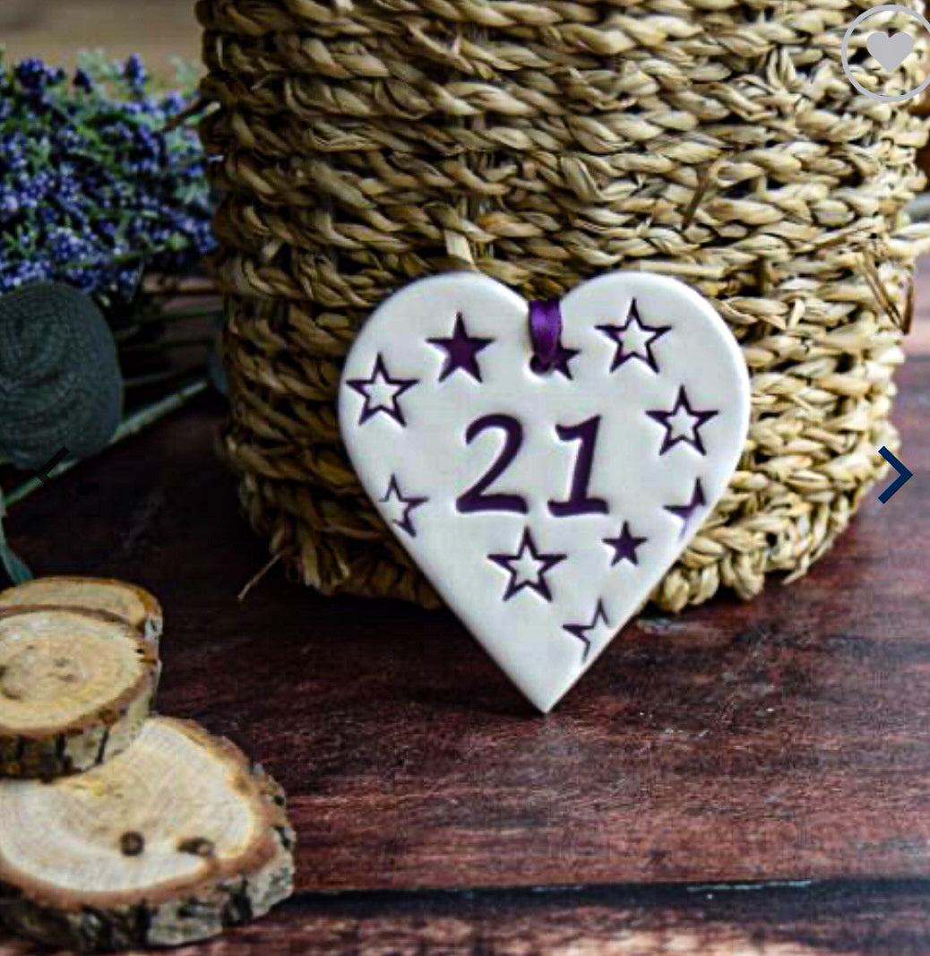 21 birthday ceramic gift tag in the shape of a heart