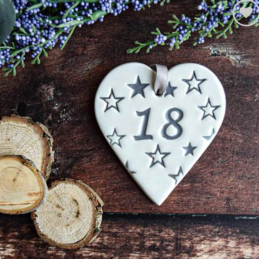 18 birthday ceramic gift tag in the shape of a heart