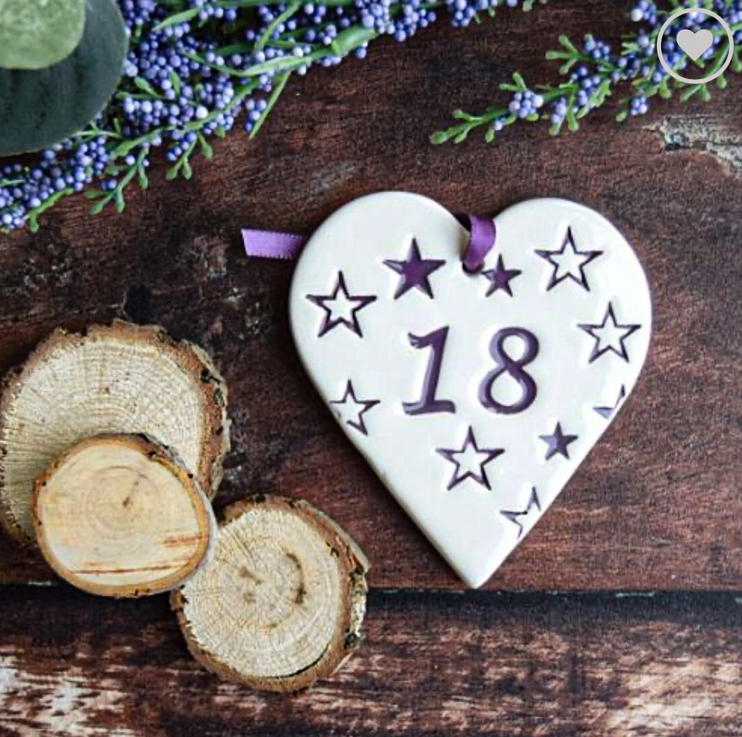 18 birthday ceramic gift tag in the shape of a heart