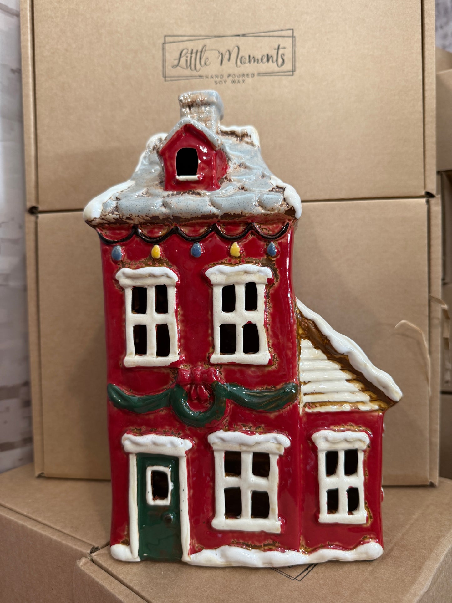 Ceramic Christmas Village Double House Tealight Holder Hamper | Winter Spice Soy Wax Candles