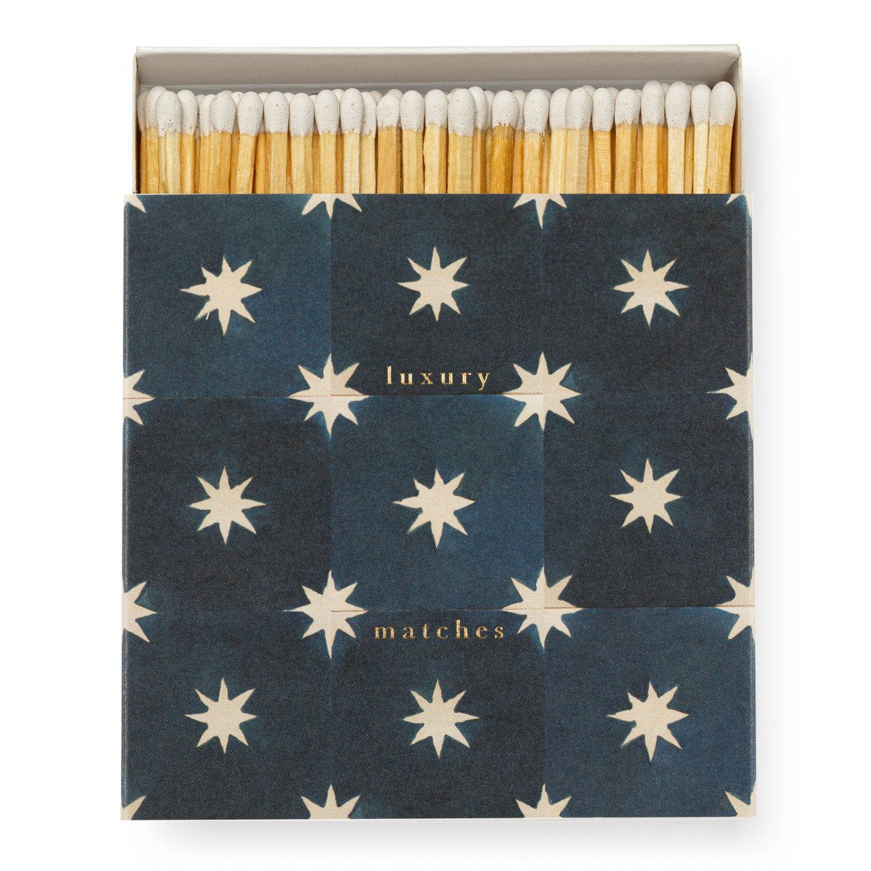 Navy blue square box of matches with white stars on