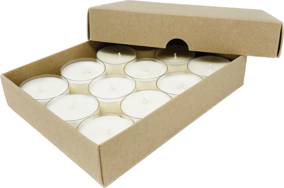 gift box of twelve individual hand poured soy wax tea lights of various fragrances.