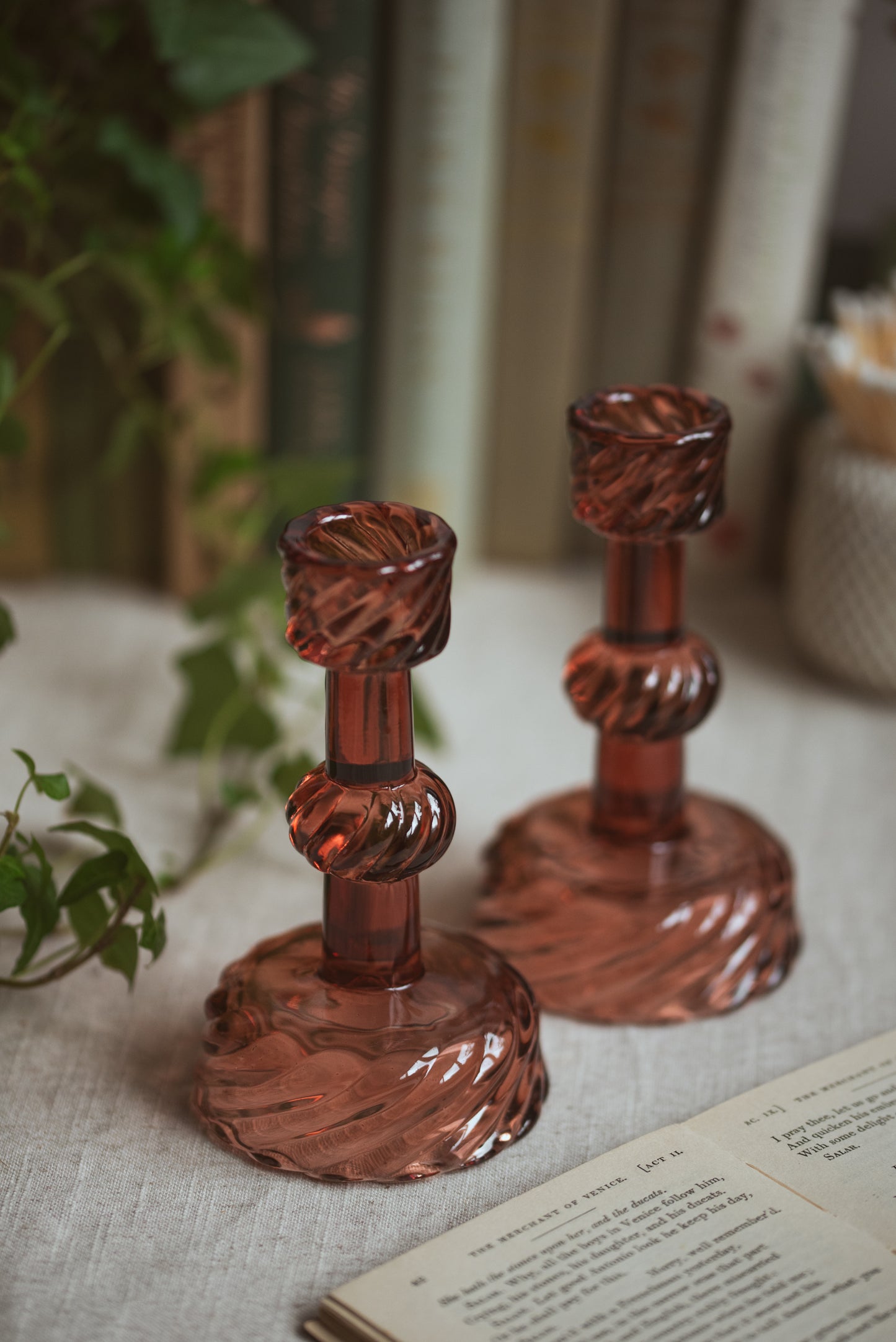 Blush Pink Twisted Glass Candlestick Set | Elegant Vintage Candle Holders