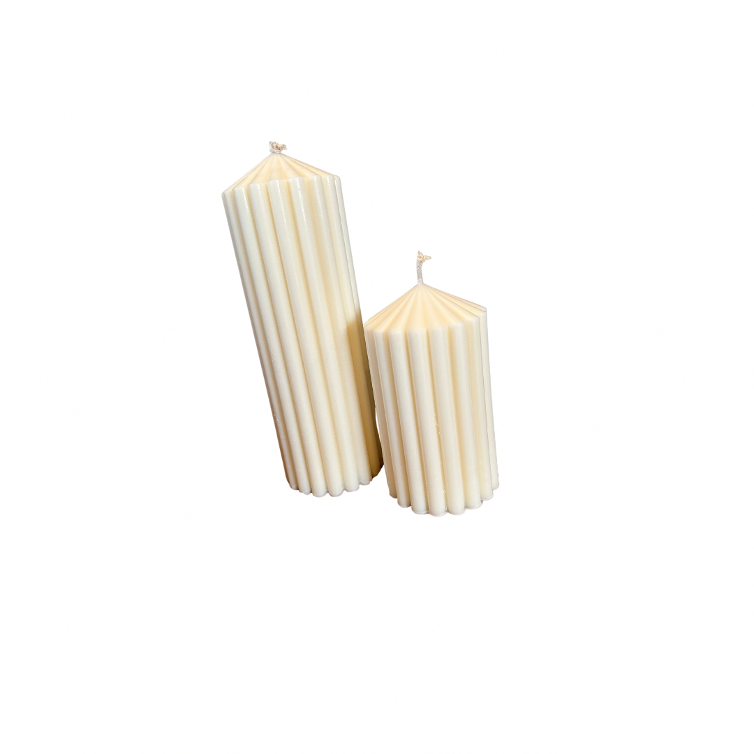 2 x Hand Poured Soy Wax Wide Rib Pillar Candles on white background