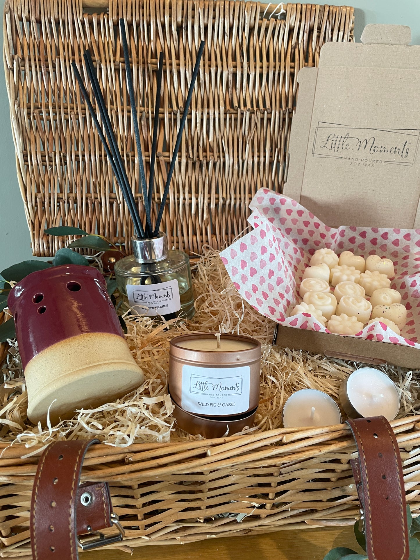 wicker basket gift hamper with hand poured candle reed diffuser wax melts wax melt burner