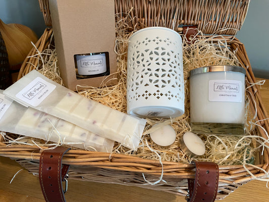luxury wicker gift hamper with reef diffuser hand poured candle wax burner and wax melts
