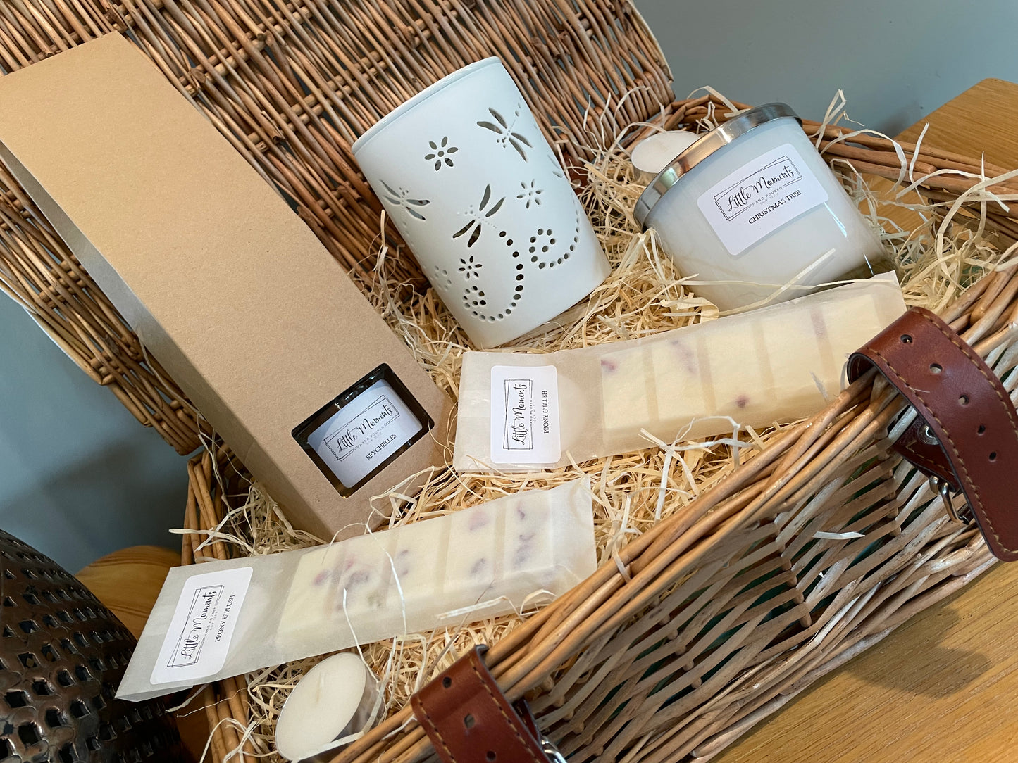 luxury wicker gift hamper with reef diffuser hand poured candle wax burner and wax melts