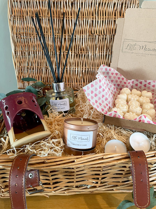 wicker basket gift hamper with hand poured candle reed diffuser wax melts wax melt burner