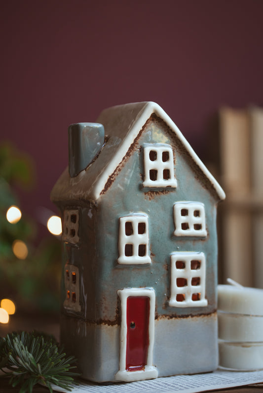 Rustic Green-Grey Ceramic House Tealight Holder- Winter Village Decor