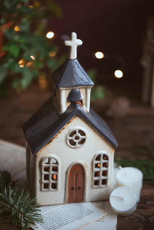 Serene Cream & Navy Ceramic Church Tealight Holder - Rustic Christmas Village Decor