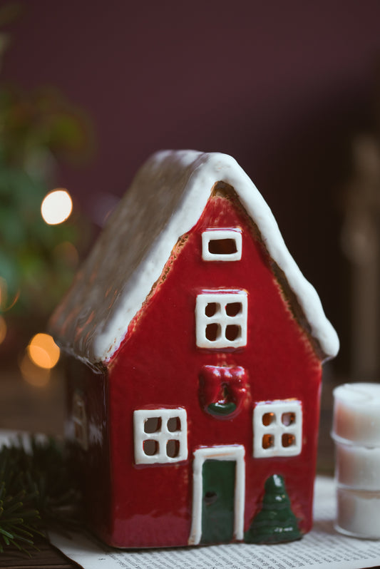 Charming Red Ceramic Christmas House Tealight Holder- Snowy Village Decoration