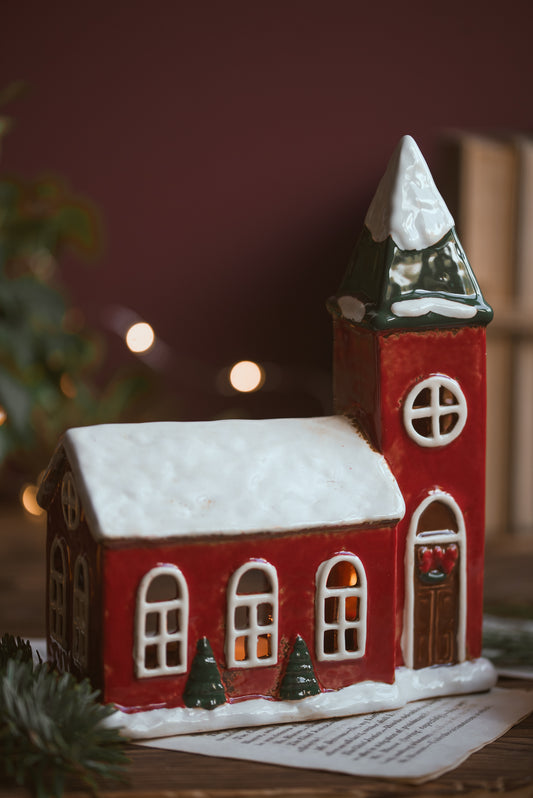Elegant Red Ceramic Spire Church Tealight Holder - Classic Christmas Village Piece