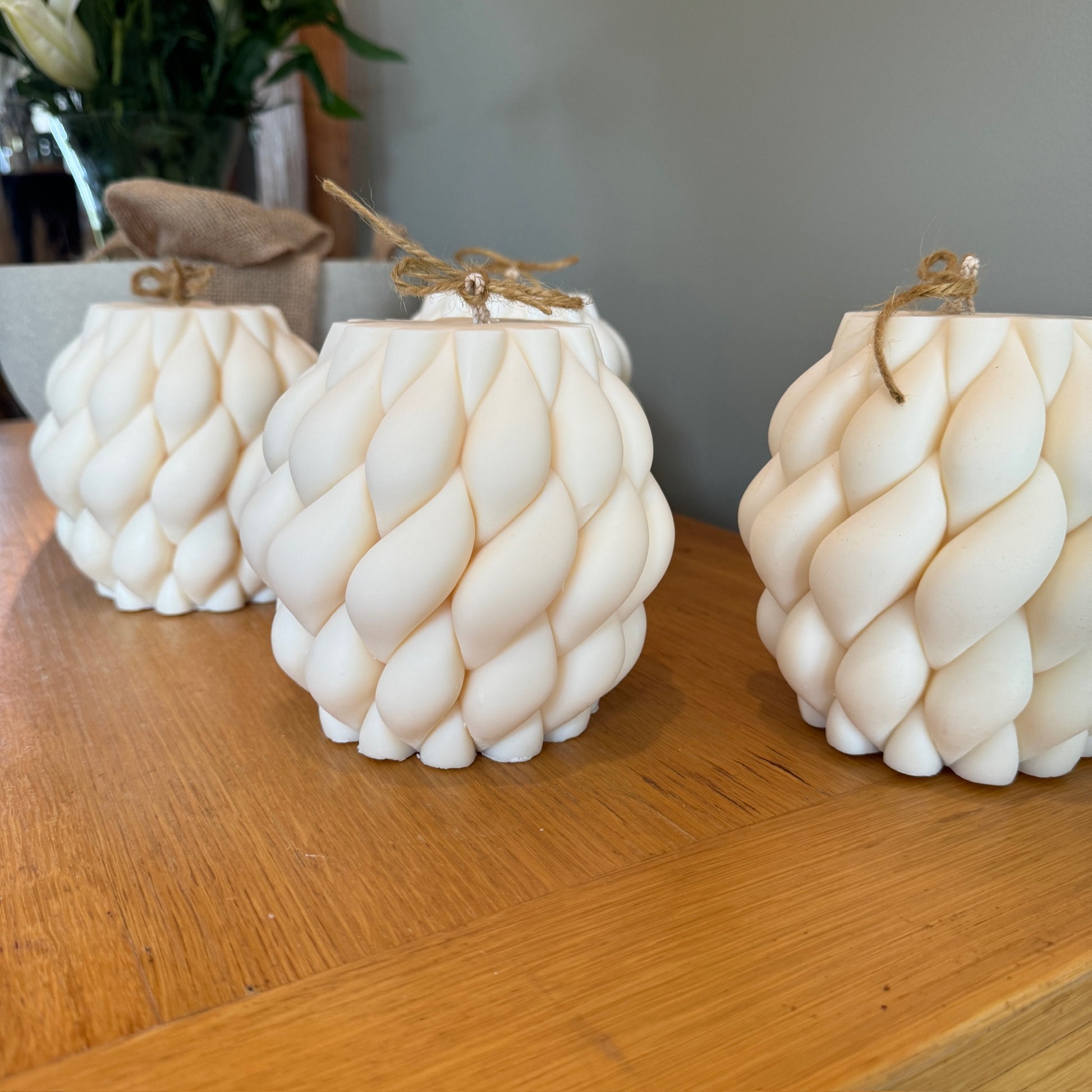 4 x large white braided candles 