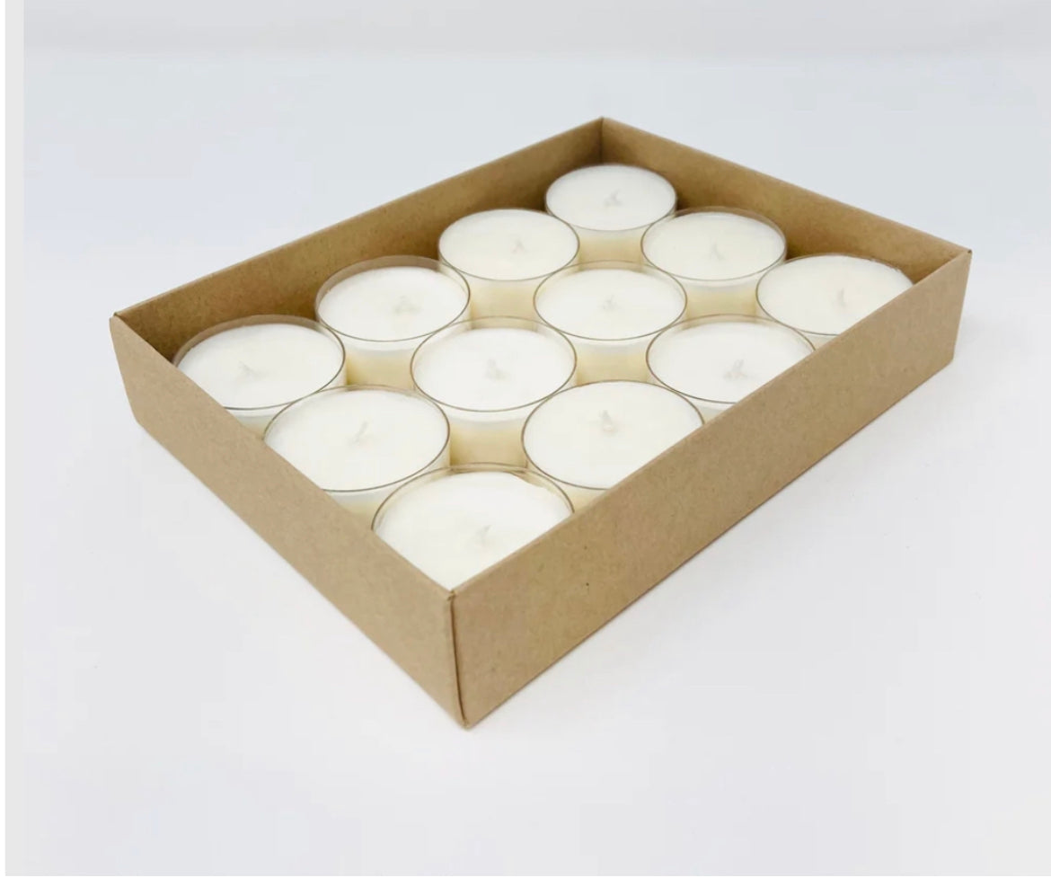 gift box of twelve individual hand poured soy wax tea lights of various fragrances. 
