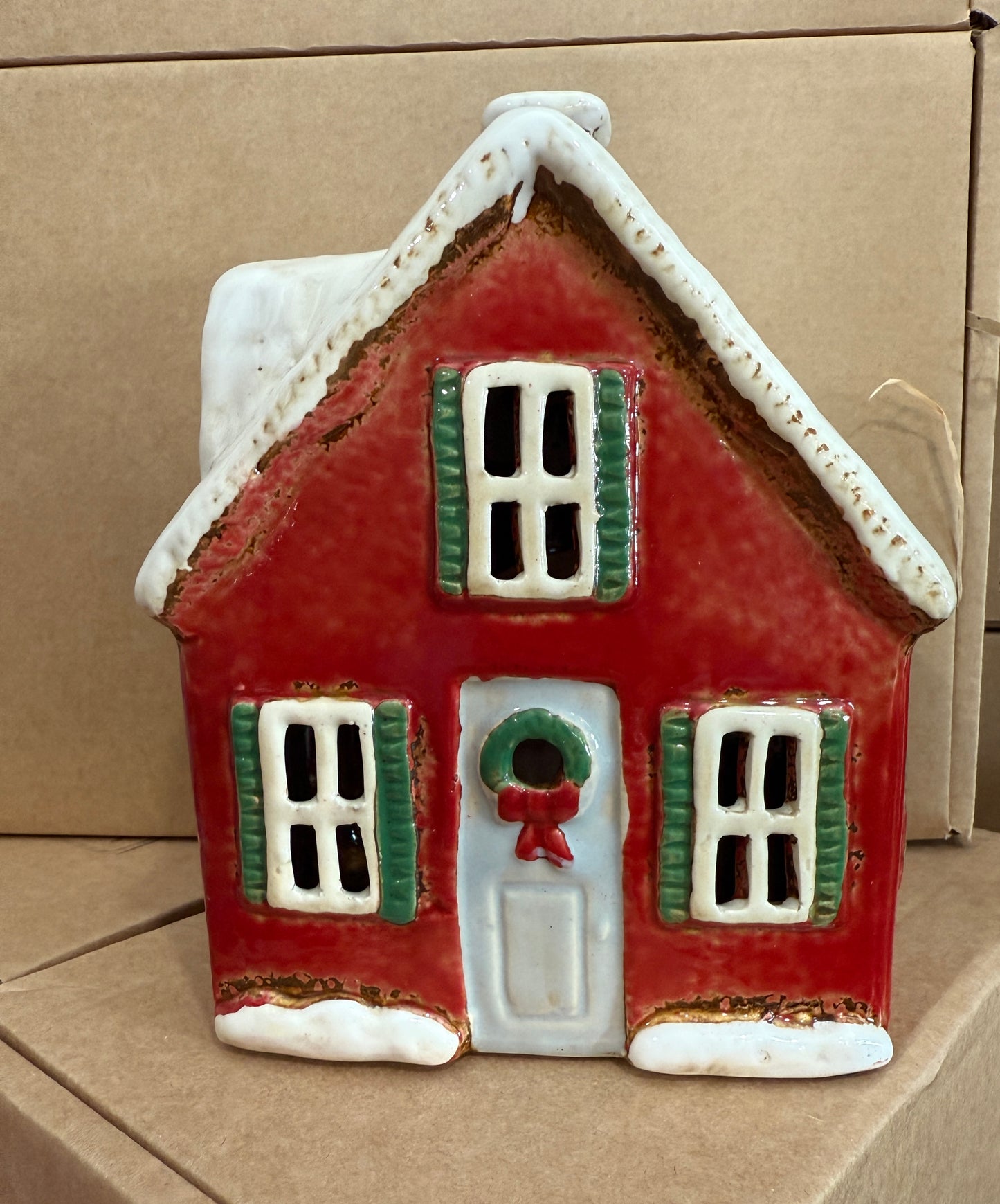 Ceramic Red Christmas House Tealight Holder Gift Set | Winter Spice Scented Candles