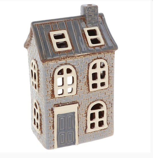 Grey ceramic tall house window in roof tealight holder with cutout windows 