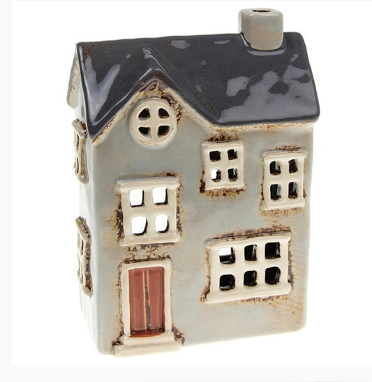 Grey ceramic round window house tealight holder with red door and black roof 