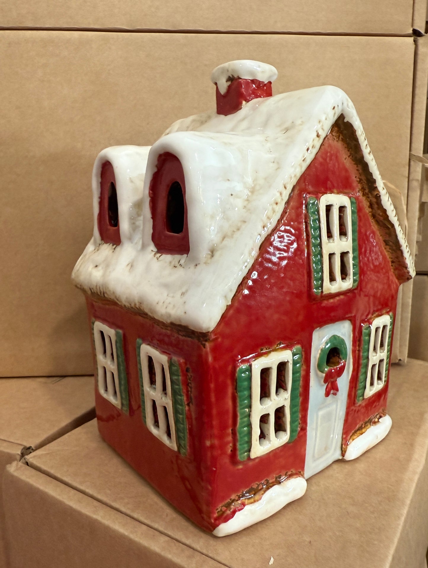 Ceramic Red Christmas House Tealight Holder Gift Set | Winter Spice Scented Candles