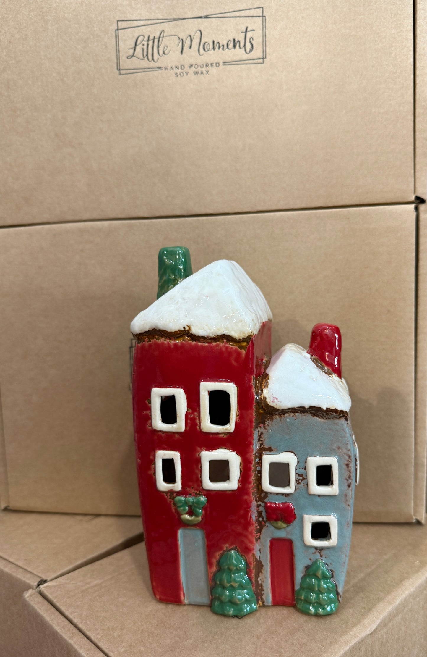Ceramic Christmas Village Double House Tealight Holder Hamper | Winter Spice Soy Wax Candles