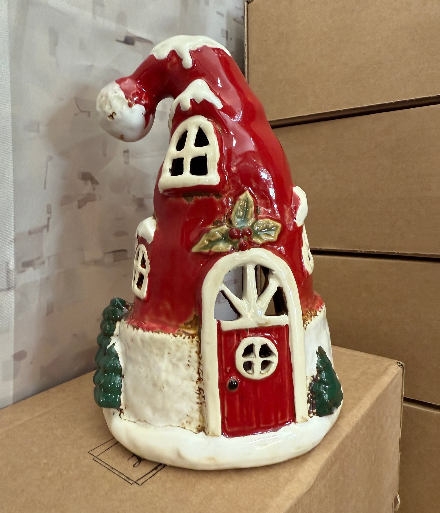 Ceramic Santa Hat House Tealight Holder | Christmas Village Gift Set with Scented Candles