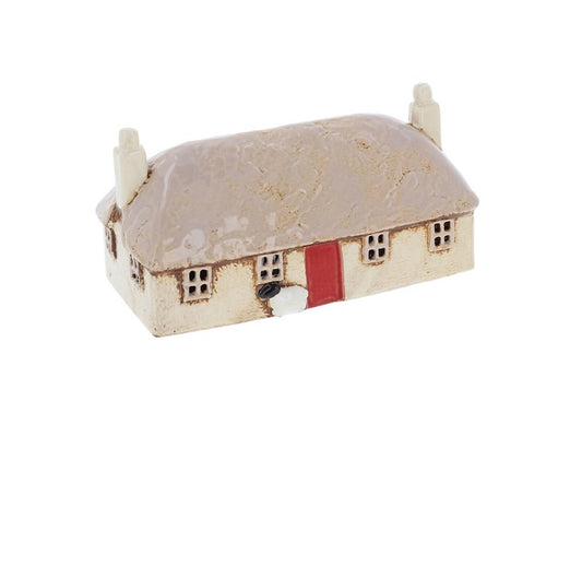 Cozy Thatched Roof Ceramic Croft House Tealight Holder Red Door