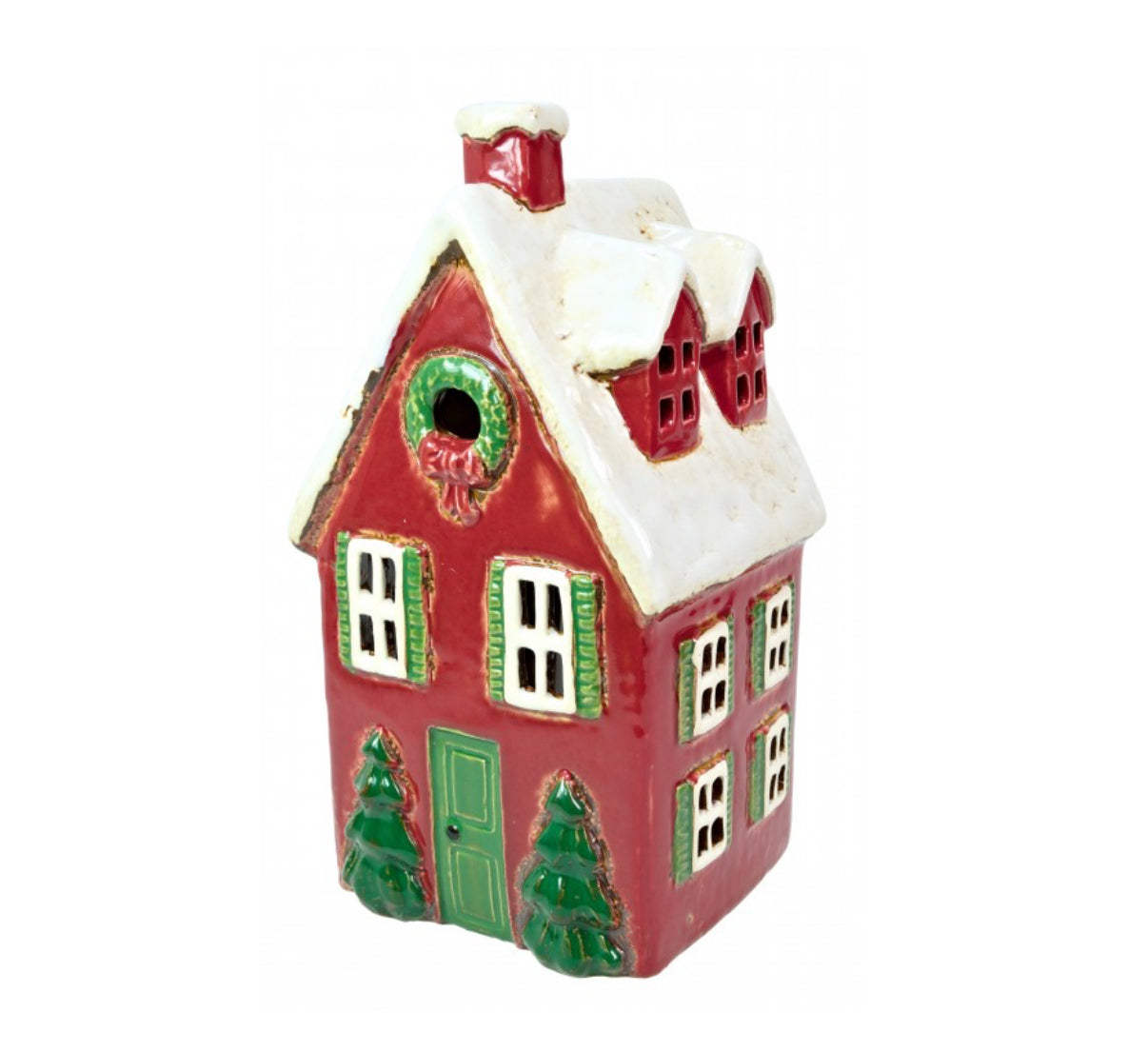 Ceramic Red Christmas House Tealight Holder | Snowy Cottage | Gift Boxed with Winter Spice Scented Candles