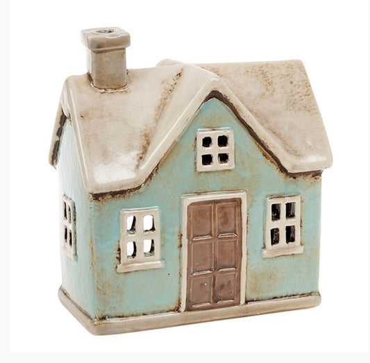 Aqua ceramic house tealight holder with cream roof 
