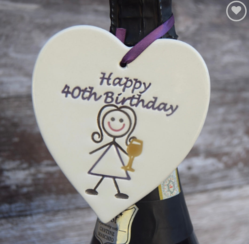 Ceramic Gift Tag with a drawing of a woman drinking and the text "Happy 40th Birthday"