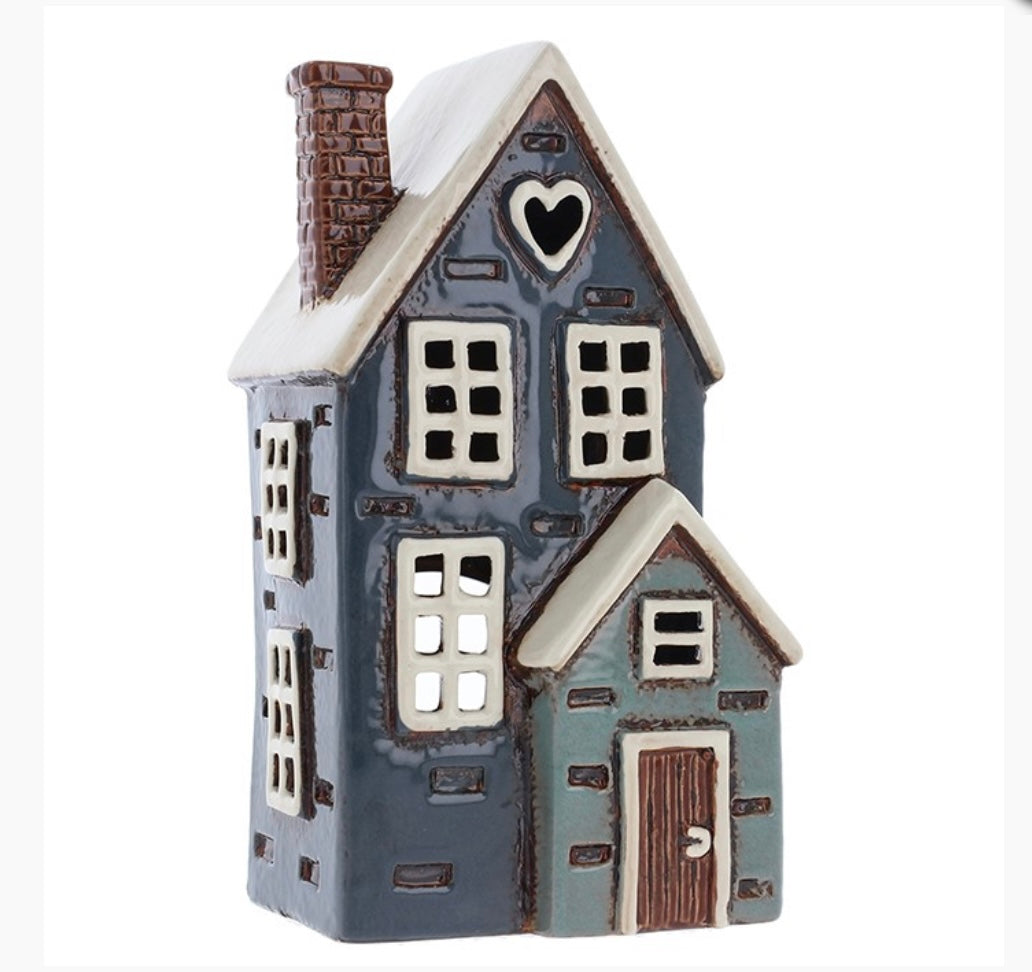Navy grey ceramic tall house tealight holder with cutout windows and white roof 
