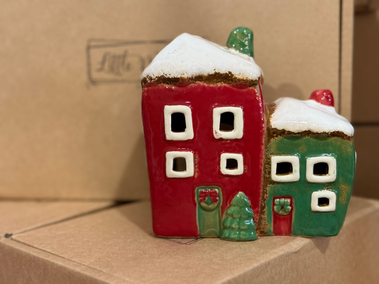 Festive Red & Green Ceramic Christmas Village Tealight Holder