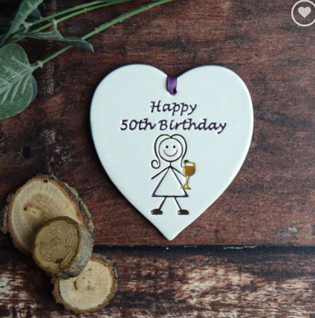 Ceramic Gift Tag with a drawing of a women drinking with the text 'Happy 50th Birthday"