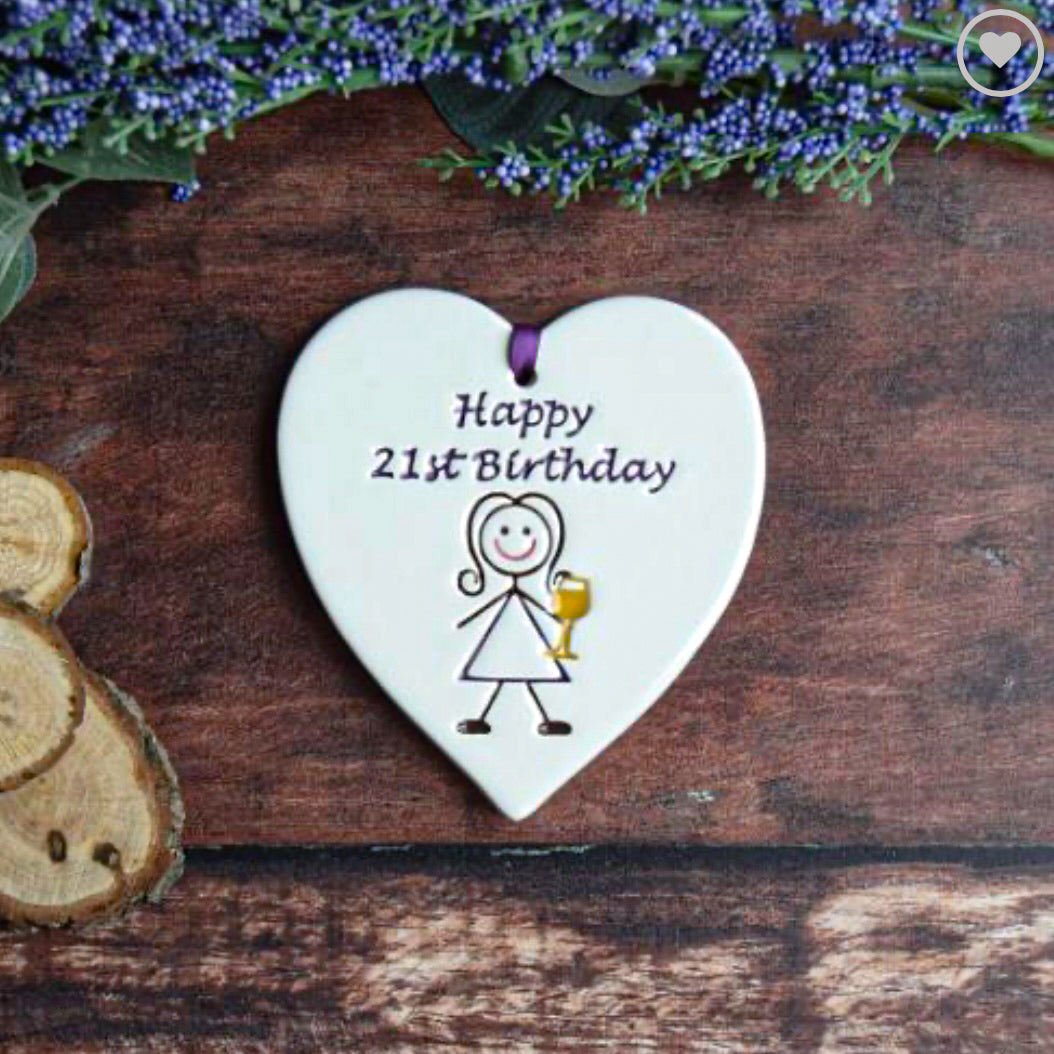 Ceramic Gift Tag with a drawing of a woman holding a glass and the text "Happy 21st birthday" 