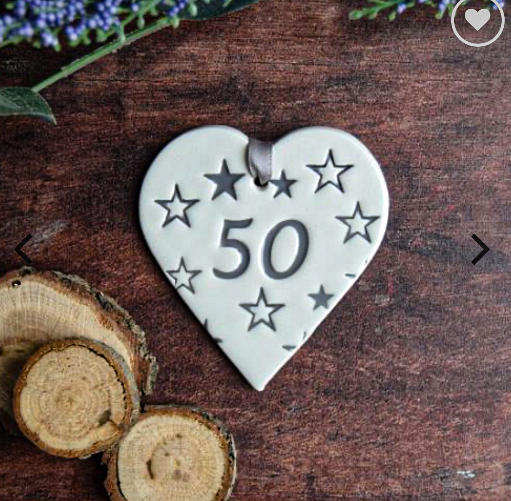 50 birthday ceramic gift tag in the shape of a heart