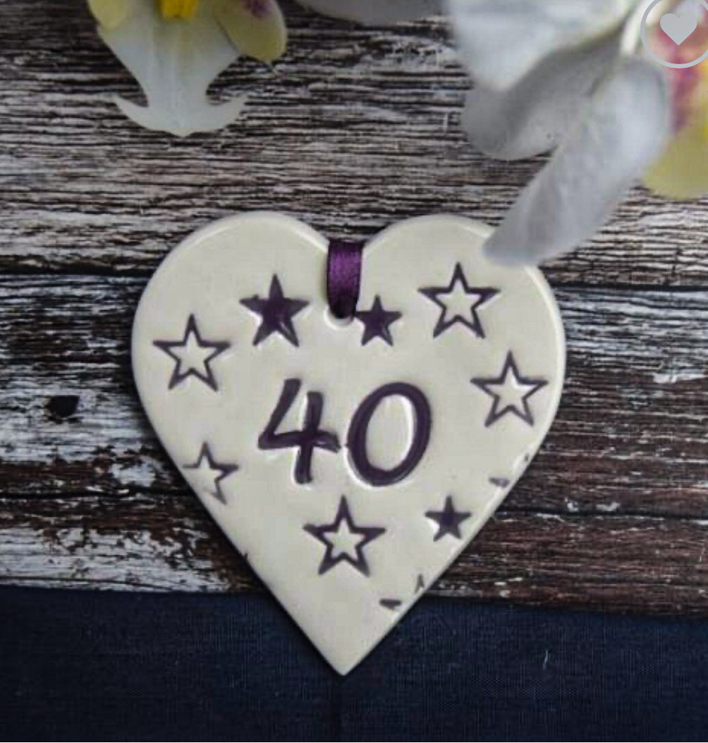 40 birthday ceramic gift tag in the shape of a heart