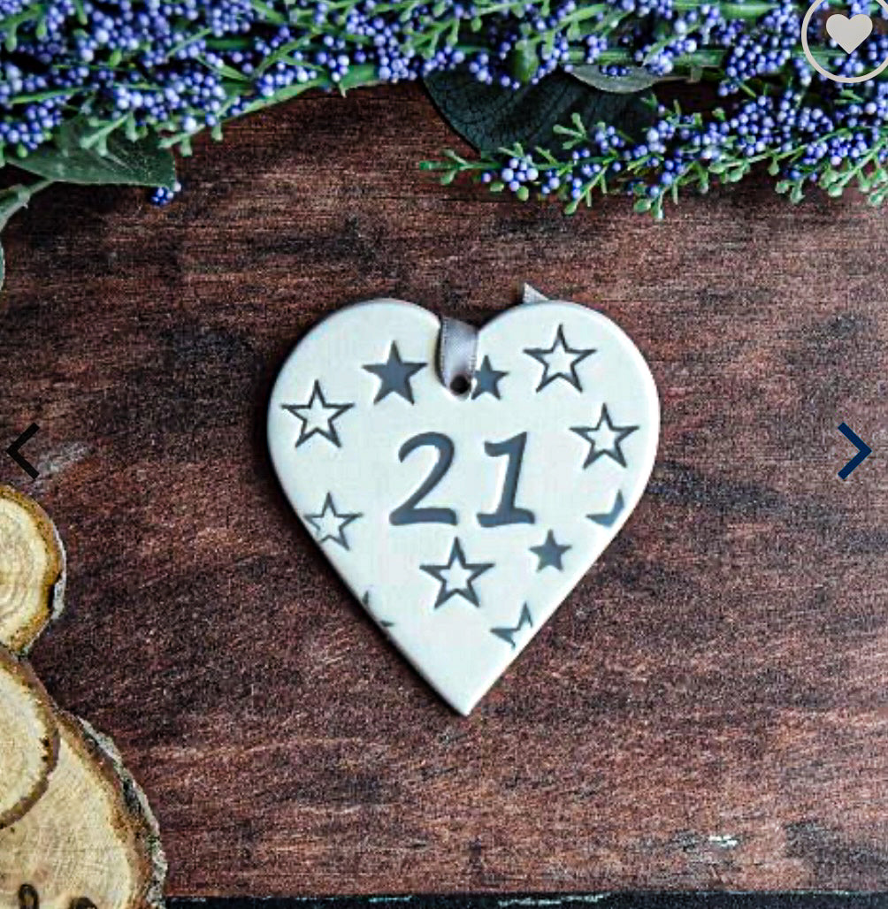 21 birthday ceramic gift tag in the shape of a heart