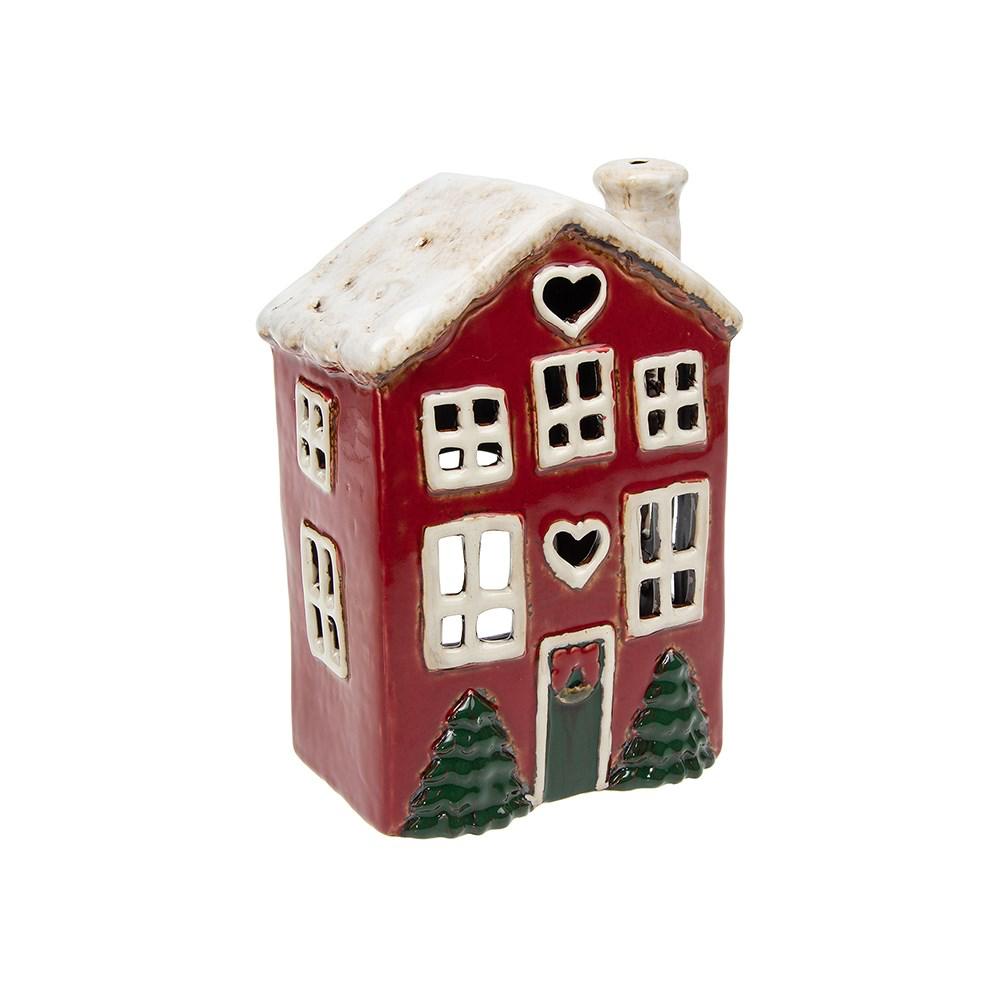 Red Ceramic Heart House Tealight Holder Hamper - Classic Christmas Candle House with Soy Wax Tealights