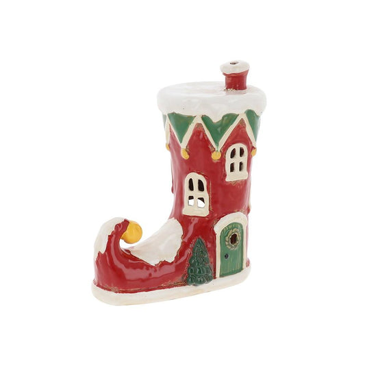 Christmas Elf Boot Candle Holder Hamper - Ceramic Tealight House with 12-Hour Soy Wax Tealights